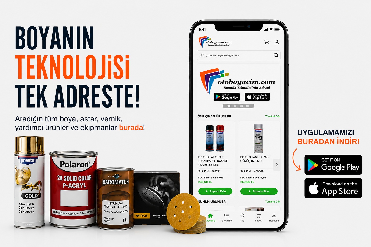 Oto boya, astar, vernik, yardımcı ürünler ve ekipmanlar Otoboyacım.com’da! İhtiyacın olan boya ve oto boya malzemelerini keşfet, kolayca alışveriş yap.